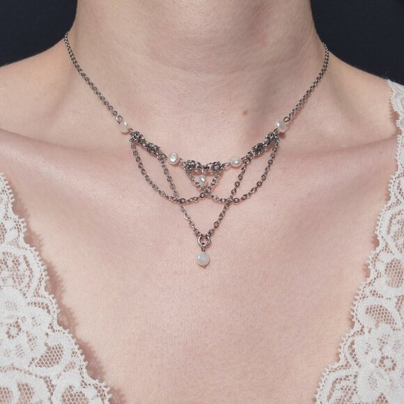 Vintage delicate freshwater pearl and silver chandelier necklace ✦ coastal style - Picture 1 of 7